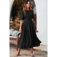Black Puff Sleeve Pleated High Waist Flowy Long Dress - M thumbnail