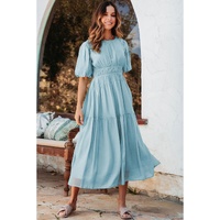 Light Blue Puff Sleeve Pleated High Waist Flowy Long Dress - S thumbnail