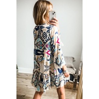 White Printed Tribal Print Bracelet Sleeve Buttoned Mini Dress - S thumbnail