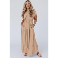 Parchment Textured V Neck Flutter Sleeve Ruffled Maxi Dress - 2XL thumbnail