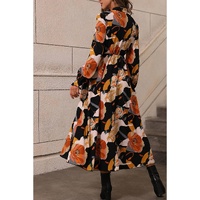 Orange Floral Print Tie Neck Long Sleeve Dress - L thumbnail