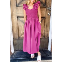 Rose Red Solid Color Ruffled Straps Smocked Ruched Maxi Dress - S thumbnail
