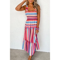 Red Stripe Ruffled Straps Smocked Tiered Long Dress - S thumbnail