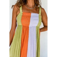 Green Color Block Shirred High Waist Fit and Flare Maxi Dress - S thumbnail