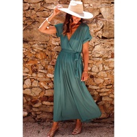 Blackish Green Solid Color V Neck Wrap Pleated Short Sleeve Maxi Dress - M thumbnail