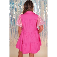 Bonbon Sequined Bubble Sleeve Tiered Ruffled Shirt Dress - M thumbnail