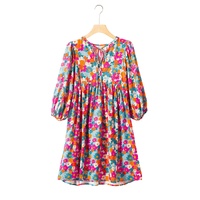 Sky Blue Floral Print Tie Split Neck Bubble Sleeve Babydoll Dress - M thumbnail