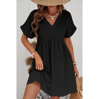 Black Folded Short Sleeve Lace V Neck Mini Dress - S thumbnail