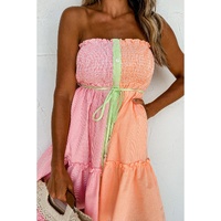 Pink Stripe Color Block Smocked Button Front Frilled Strapless Mini Dress - L thumbnail