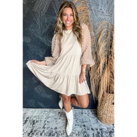 Beige Embellished Puff Sleeve Tiered A-line Dress - L thumbnail