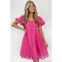 Strawberry Pink Checkered Puff Sleeve Babydoll Dress - XL thumbnail