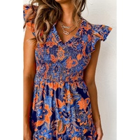 Dark Blue Boho Floral V Neck Ruffle Tiered Long Dress - S thumbnail