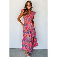 Rose Red Boho Floral V Neck Ruffle Tiered Long Dress - M thumbnail
