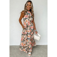 Black Boho Floral Print Knotted Halter Ruffled Maxi Dress - L thumbnail