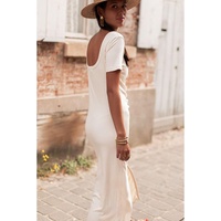 Beige V Neck Ruched Button Front French T-shirt Dress - M thumbnail
