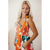 Orange Floral Self Tied Straps Smocked Bust Maxi Dress - L thumbnail