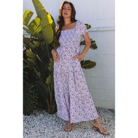 Purple Floral Short Bubble Sleeve Shirred High Waist Maxi Dress - M thumbnail