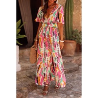 Pink Boho Tie-dye Print V Neck Maxi Dress - M thumbnail