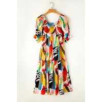 White Square Neck Smocked Abstract Print Boho Maxi Dress - M thumbnail