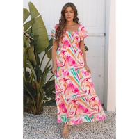 Pink Abstract Print Ruffled Sleeve Smocked Bust Maxi Dress - S thumbnail