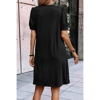 Black Notched Neck Pleated Puff Sleeve Shift T-shirt Dress - S thumbnail