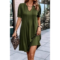 Fern Green Notched Neck Pleated Puff Sleeve Shift T-shirt Dress - M thumbnail