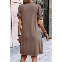 Desert Palm Notched Neck Pleated Puff Sleeve Shift T-shirt Dress - S thumbnail