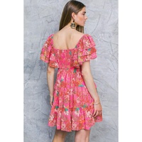 Pink Floral Square Neck Ruffle Sleeve Tiered Dress - L thumbnail