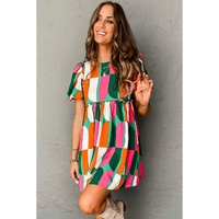Green Abstract Print Puff Sleeve Short Dress - S thumbnail
