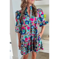 Green Leopard Print Bubble Sleeve Slit Neck Ruffled Dress - XL thumbnail