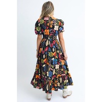 Black Retro Floral Printed Split Neck Maxi Dress - S thumbnail