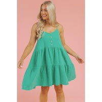 Sea Green Textured Buttoned Thin Strap Tiered Loose Fit Mini Dress - M thumbnail