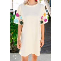 White Floral Crochet Splicing Sleeve T Shirt Dress - L thumbnail