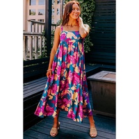 Dark Blue Floral High Waist Sleeveless Flared Long Dress - L thumbnail