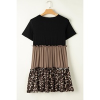 Light French Beige Leopard Print Colorblock Frill Trim T-shirt Dress - M thumbnail
