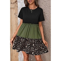 Jungle Green Leopard Print Colorblock Frill Trim T-shirt Dress - S thumbnail