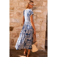Sky Blue Boho Printed Short Sleeve Flare Tiered Dress - M thumbnail