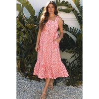 Pink Geometric Print Knot Back Sleeveless Ruffle Hem Dress - L thumbnail