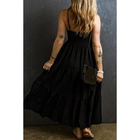 Black Spaghetti Straps Smocked Pleated Tiered Maxi Dress - S thumbnail