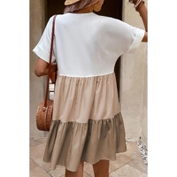 Light French Beige Triple Colors V Neck Folded Cuffs Tiered Loose Dress - L thumbnail