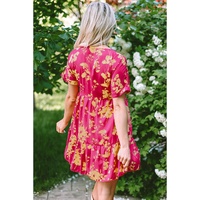 Rose Floral Print Batwing Sleeve Smock Dress - L thumbnail