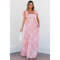 Pink Floral Print Square Neck Ruffled Strap Maxi Dress - 2XL thumbnail