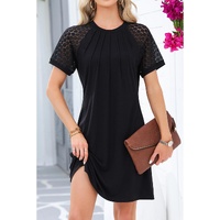 Black Contrast Lace Raglan Sleeve Pleated Detail Shift Dress - M thumbnail
