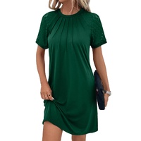 Green Contrast Lace Raglan Sleeve Pleated Detail Shift Dress - M thumbnail