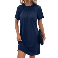 Navy Blue Contrast Lace Raglan Sleeve Pleated Detail Shift Dress - S thumbnail