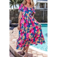 Dark Blue Square Neck Bubble Sleeve Ruffled Floral Dress - M thumbnail