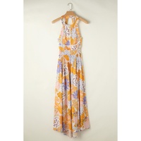 Orange Boho Floral Backless Lace up Sleeveless Maxi Dress - L thumbnail