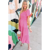 Strawberry Pink Asymmetric Puff Sleeve Smocked Bodice Tiered Midi Dress - L thumbnail