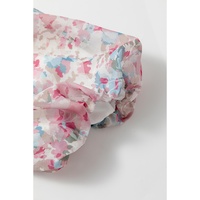 Pink Floral Puff Sleeve Square Neck Smock Ruffled Dress - L thumbnail