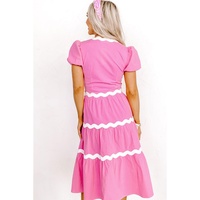 Bonbon Ric Rac Trim Short Puff Sleeve Flowy Midi Dress - L thumbnail